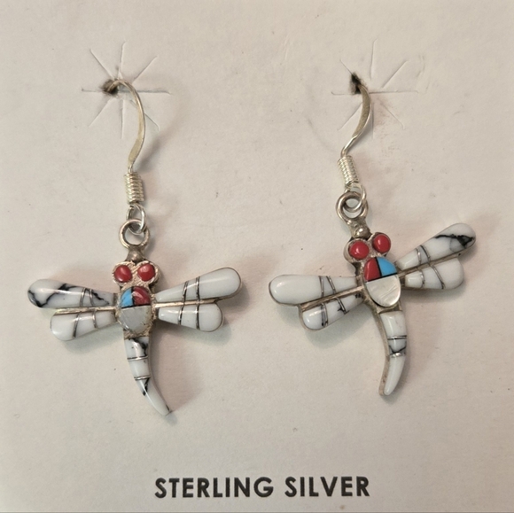 Jewelry - Sterling Silver Dragonfly Earrings White Stone Inlay Turquoise Coral Boho